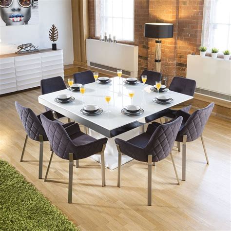 Large Square White Glass Gloss Dining Table +8 Dark Grey Carver Chairs ...