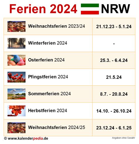 Ferien Nordrhein-Westfalen (NRW) 2024 - Übersicht der Ferientermine