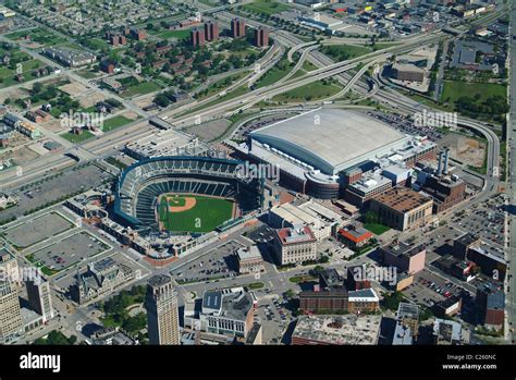 Aerial view of Co-America Park & Ford Field Stadium Detroit Michigan ...