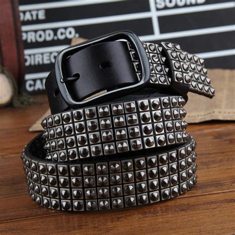 Genuine Leather Heavy Metal Rivet Men Belt Punk Belts For Men Cowboy Hip Hop Motorcycle Jeans ...