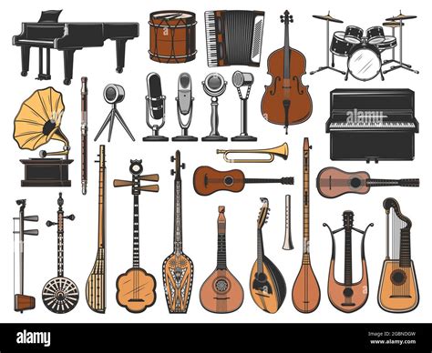 Vintage music instruments, retro microphones and gramophone. Isolated vector icons of piano ...