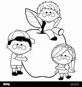 Children And Apple Black White Coloring Page Stock Photo  Alamy sketch template