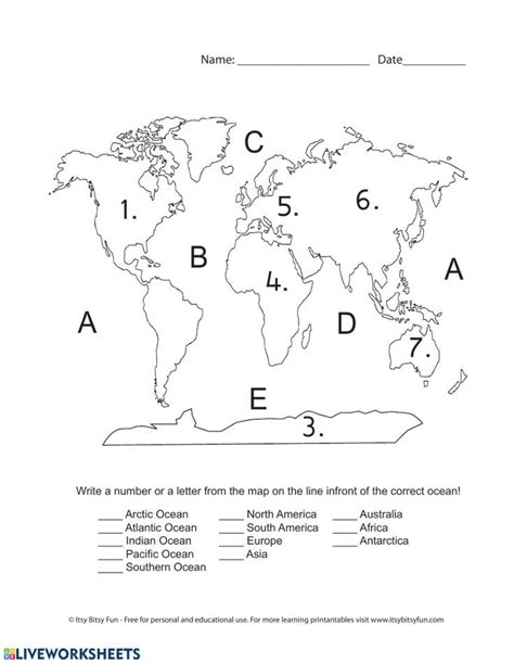 Continents And Oceans Worksheet For Kids