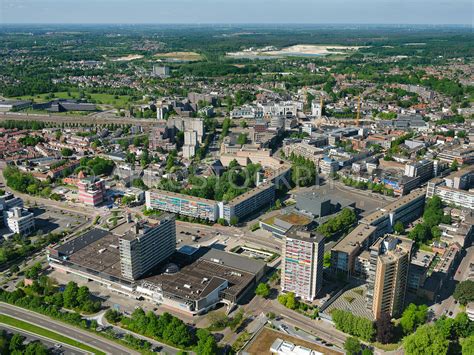 aerial view Heerlen, shopping centre t Loon and Theater Heerlen, looking towards Heerlen station