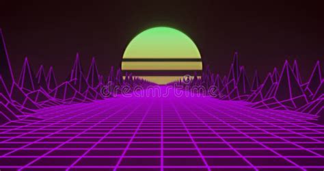 Image of Green Sun and Glowing Pink Grid and Map with Mountains Moving on Seamless Loop Stock ...