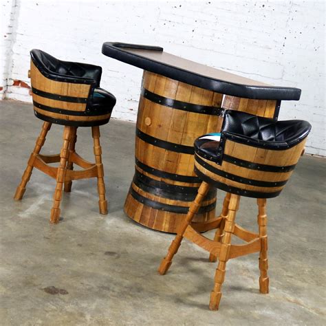 Mid Century Whiskey Barrel Bar and Swivel Bar Stools by Brothers ...