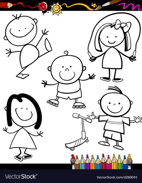 Happy kids cartoon coloring book Royalty Free Vector Image