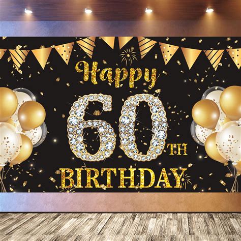 Buy 60th Birthday Backdrop Banner, Large Fabric Happy Birthday Banner Sign, Black and Gold Party ...