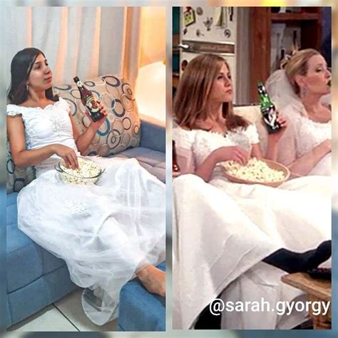 two women in wedding dresses sitting on a couch eating popcorn and ...