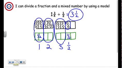 Divide mixed number by fraction using a model - YouTube