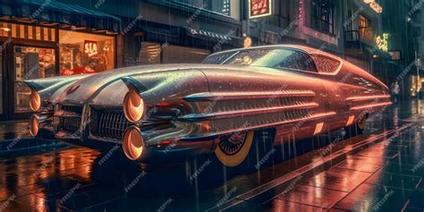 Premium Photo | Retro futuristic car in 50s style on the street in the rain