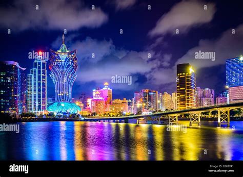 Macau cityscape at night, all hotel and tower are colorful lighten up ...