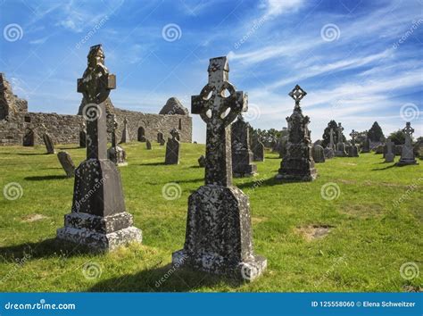 Clonmacnoise Cathedral with the Typical Crosses and Graves Stock Photo - Image of culture ...