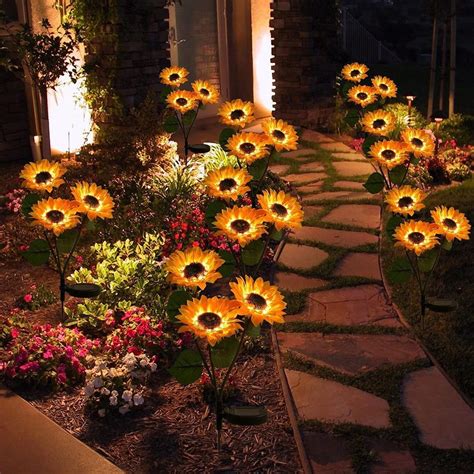 Outdoor Solar Garden Stake Lights, Upgraded LED Solar Powered Light With 3 Sunflowers ...