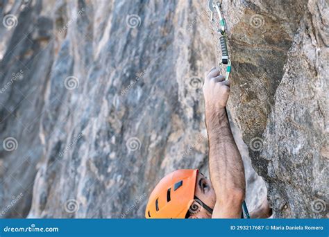 Rock Climbing Using Outdoor Safety Harness and Helmet Stock Image - Image of horizontal ...