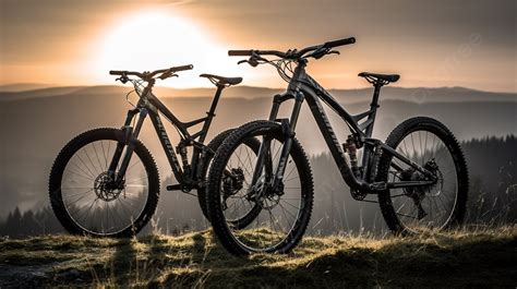 Two Mountain Bikes On The Hills In Sunset Lighting Background, Picture Of Mountain Bikes ...