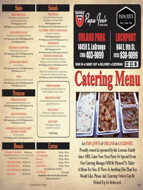 Papa Joe's Italian Restaurant | Lockport Catering Prices