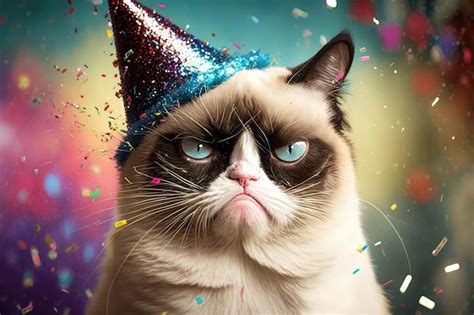 Premium AI Image | Angry Grumpy Cat Wearing a Birthday Party Hat With ...