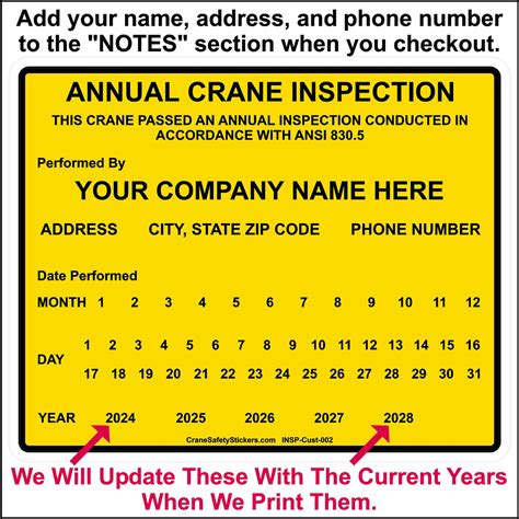 Custom Crane Inspection Sticker Ready to Print and Ship