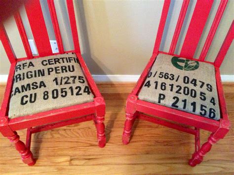 Vintage chairs painted red, aged and seat cushions covered with burlap coffee bag fabric. Coffee ...