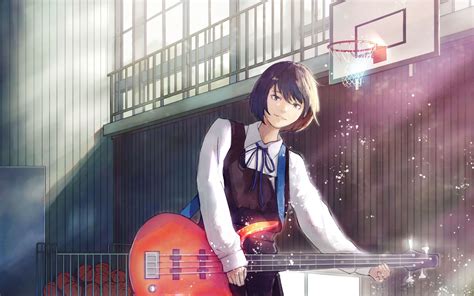 Download wallpaper 2560x1600 girl, bass guitar, guitar, smile, anime widescreen 16:10 hd background