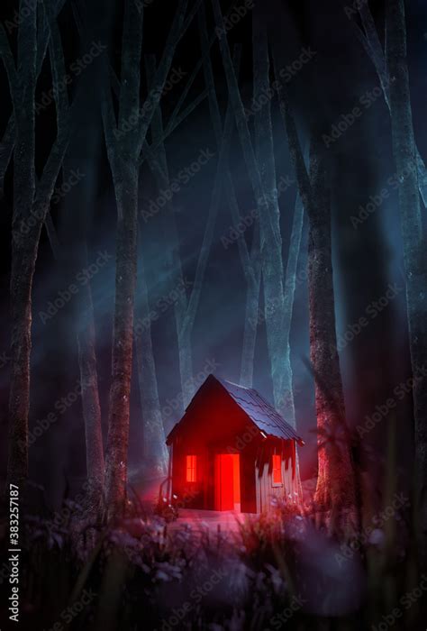 A creepy cabin in the woods, with a red light glowing through the door ...