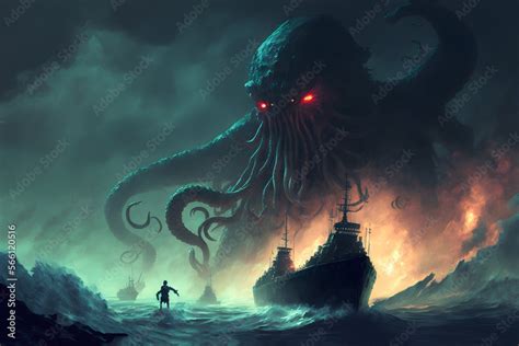 Dark fantasy scene showing Cthulhu the giant sea monster destroying ships, digital art style ...