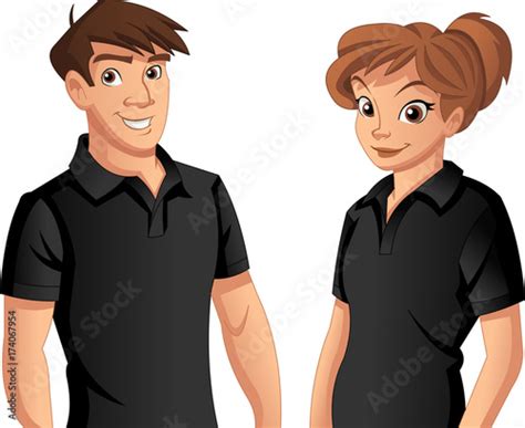 Couple of cartoon young people wearing black polo shirt Stock Vector | Adobe Stock