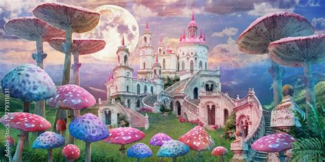 fantastic landscape with mushrooms. illustration to the fairy tale "Alice in Wonderland" Stock ...