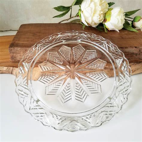 Glass Cake Plate, Vintage Federal Three Footed Pressed Glass Cake Plate Snowflake Pattern