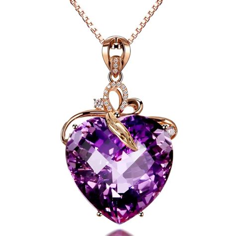 5 Carats Purple Crystal Necklace Love Heart Pendant Rose Gold Filled ...