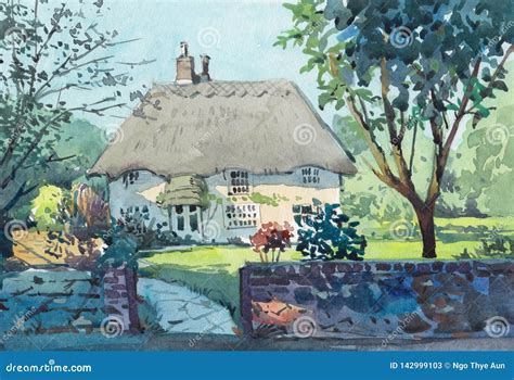 Cottage House Watercolor Painting at Country Side Stock Illustration - Illustration of painted ...