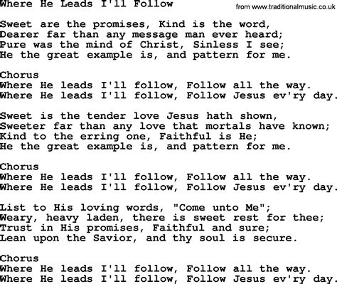 Baptist Hymnal, Christian Song: Where He Leads I'll Follow- lyrics with PDF for printing