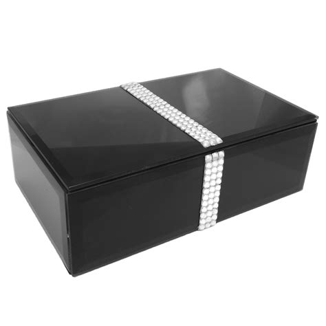 BLACK GLASS MIRROR JEWELLERY BOXES GIFT BOX HINGED LID DRAWER BLING DIAMONDS
