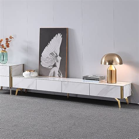 Modern White TV Stand with Sintered Stone Top & Drawers for 100 inch ...