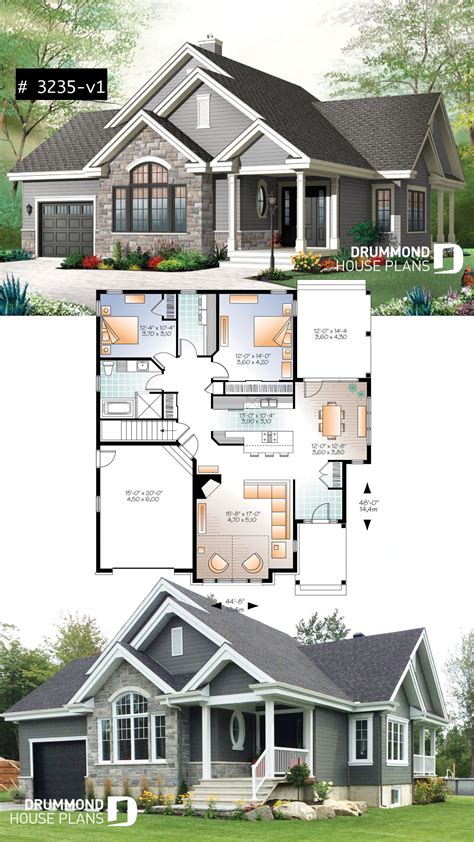 Ranch Bungalow house plan, with galley kitchen, open floor plan concept ...