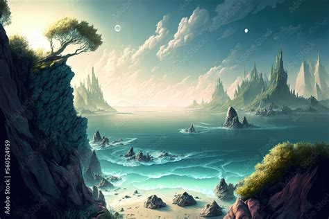 Fantasy Digital Art Landscape Illustration Wallpaper with Sea Scenery. Generative AI Stock ...