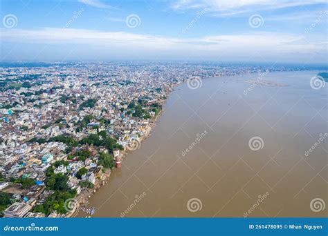 Aerial View of Varanasi City with Ganges River, Ghats, the Houses in ...