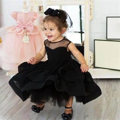 cute little girl black dress for birthday party ball gown knee length baby infant layered tulle ...