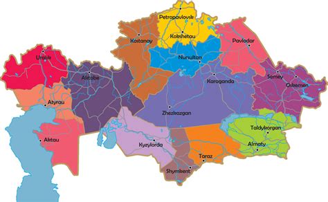 Vector administrative map of Kazakhstan. Map with borders of regions, rivers, bodies of water ...