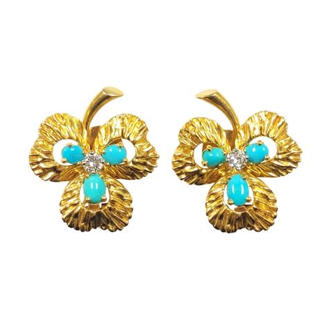 Van Cleef and Arpels France Gold Diamond and Turquoise Clover Leaf ...