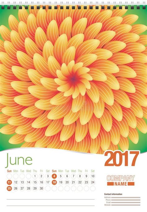 June Wall Calendar 2017 Template with Abstract Floral Design, Ready for Printing. Size: 297mm X ...