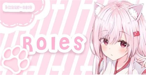 an anime character with pink hair and cat ears in front of a wallpaper that says roles