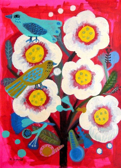 Original painting on paper. Mexican, Folk, Flowers, garden, birds. | Folk art flowers, Flower ...