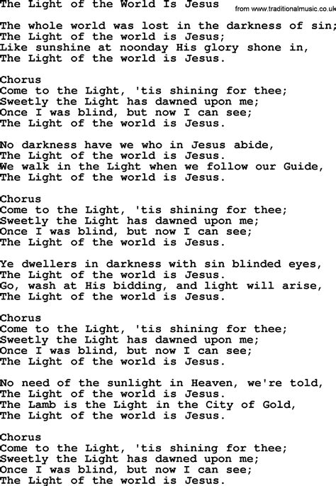 Baptist Hymnal, Christian Song: The Light Of The World Is Jesus- lyrics with PDF for printing