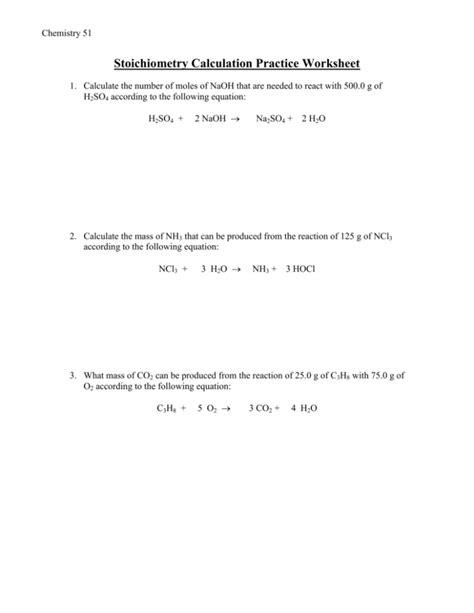 Stoichiometry Calculation Practice Worksheet