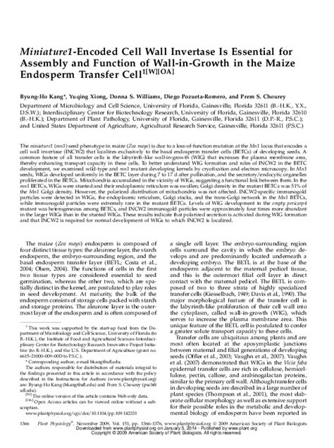 (PDF) Miniature1Encoded Cell Wall Invertase Is Essential for Assembly and Function of Wall-in ...