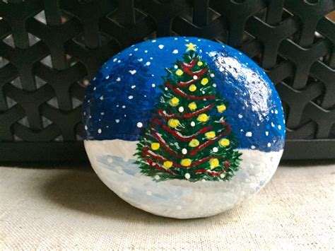 Christmas Tree Painted Rock, Tree in Snow, Hand-Painted Landscape ...