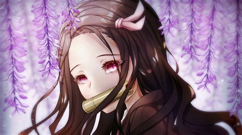 Demon Slayer Long Hair Nezuko Kamado With Backgorund Of Purple Flowers 4K 5K HD Anime Wallpapers ...