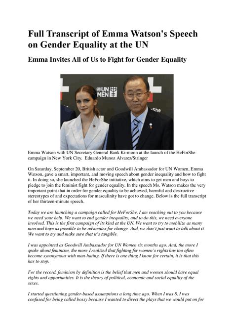 Full Transcript of Emma Watson's Speech on Gender Equality ... | Study notes Human Rights | Docsity